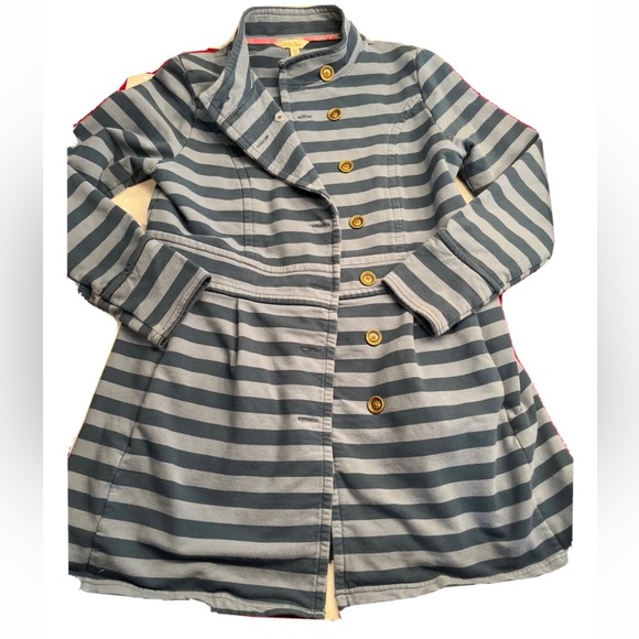 Matilda Jane blue striped PEA trench COAT Button up Stretch Knit Cotton women M - Picture 8 of 9